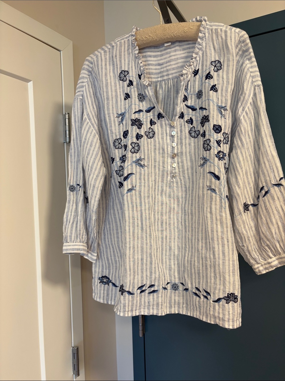 J. Jill White & Blue Striped Embroidered Peasant Tunic